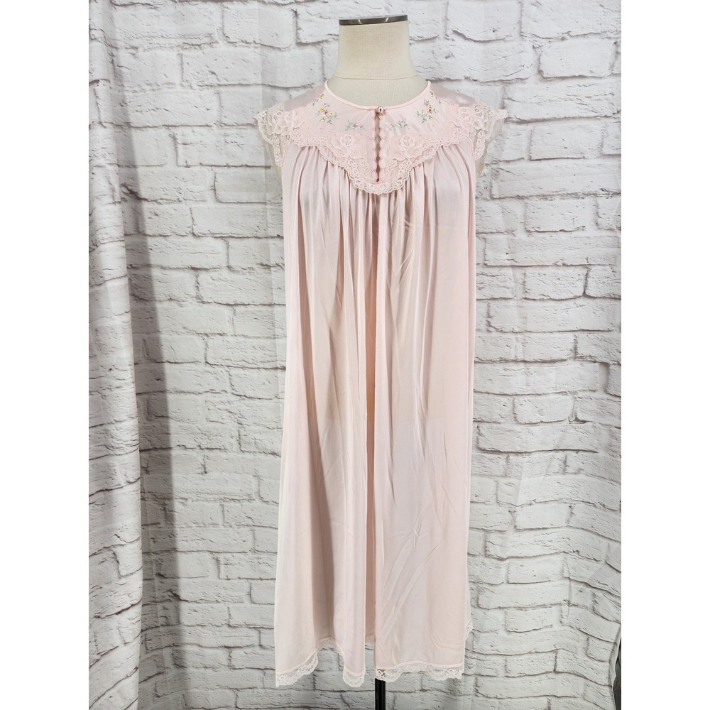 Vintage Shadowline Pink Nylon Nightgown Lace Floral Cottage Pastel Medium USA